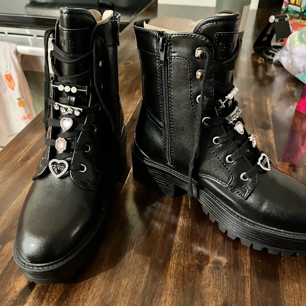 Guess Black Leather Embellished Combat Boots - Picture 2 of 8